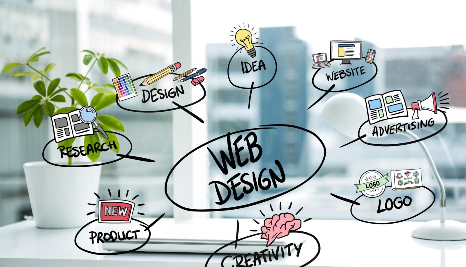 digital composite of business graphics with office background