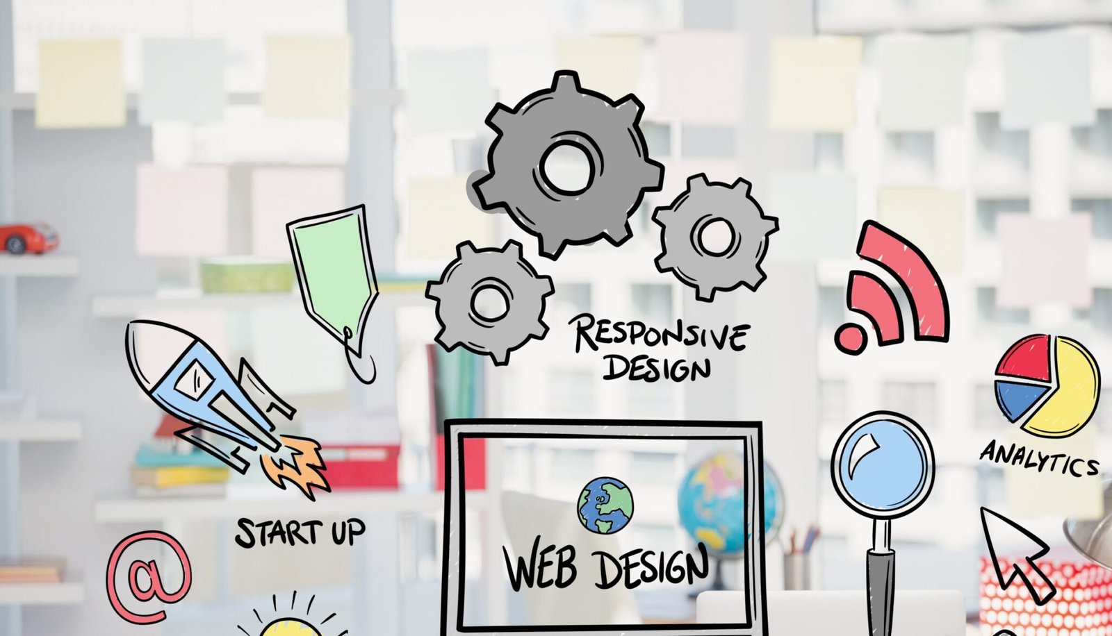 digital composite of business graphics with office background