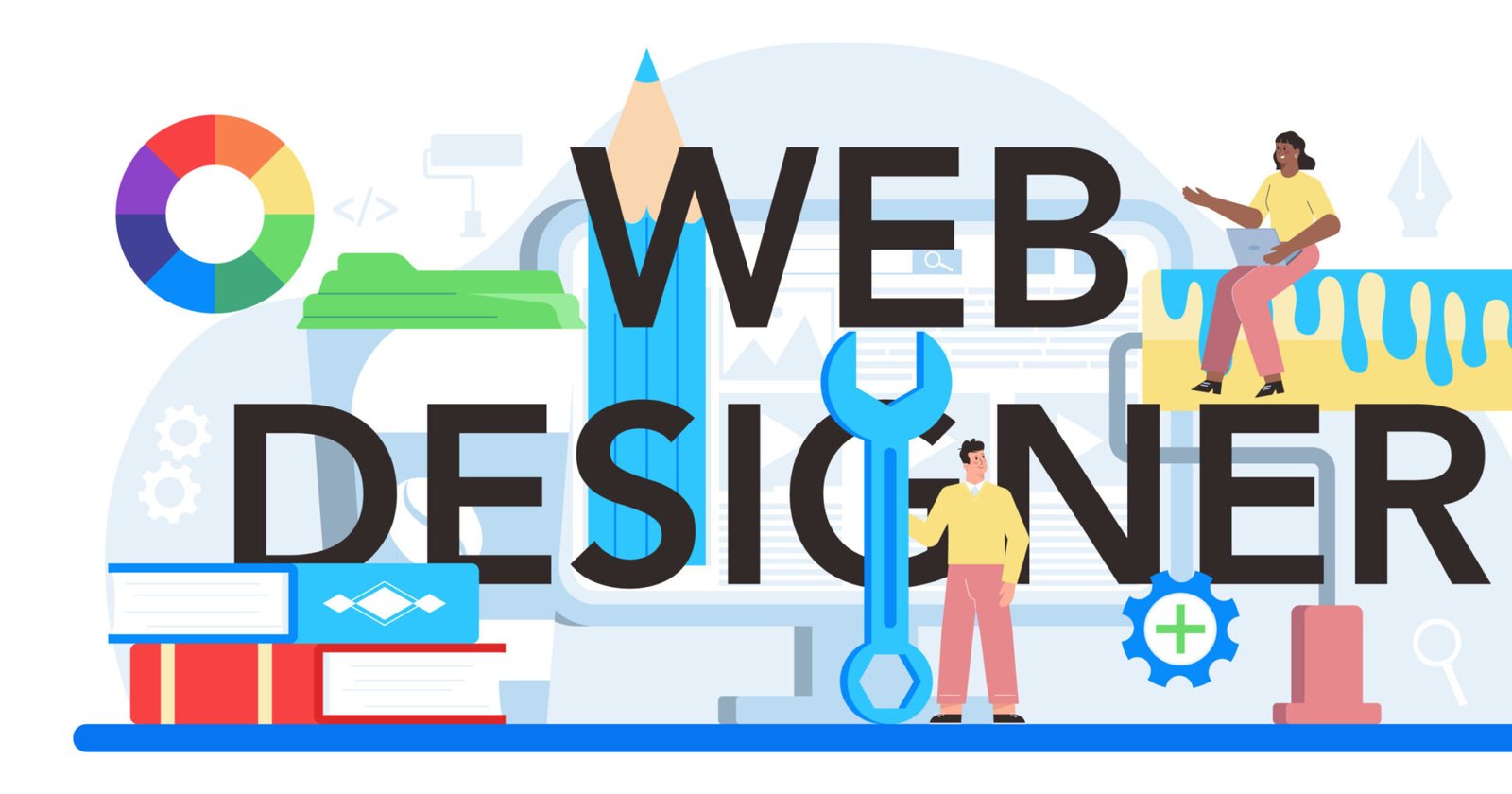 Web designer typographic header. Presenting content on web pages. Website layout, composition and color development. Idea of computer technology. Flat vector illustration